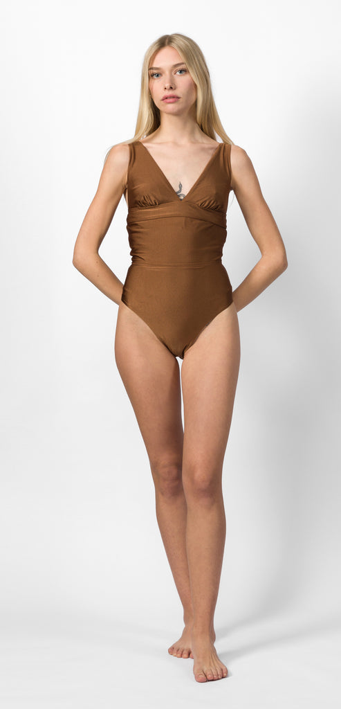 PHILOSOPHY DI LORENZO SERAFINI BROWN DRAPED COSTUME